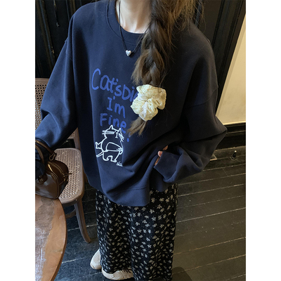 韩系慵懒长袖圆领卡通印花卫衣女