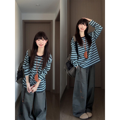 美式复古撞色条纹刺绣长袖t恤女