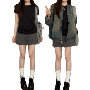 黑色正肩纯棉t恤女打底衫春夏2026内搭修身显瘦百搭纯欲短袖上衣