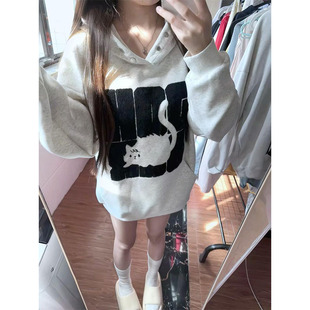 韩系慵懒风oversize猫咪刺绣字母卫衣女秋冬加绒加厚宽松情侣外套