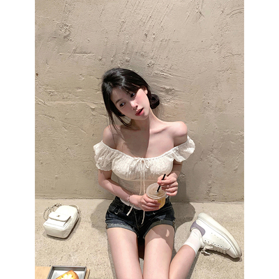 法式一字肩方领泡泡袖t恤女夏季