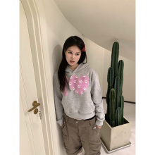 美式复古爱心狗爪印花连帽卫衣女小个子短款套头休闲百搭春秋上衣