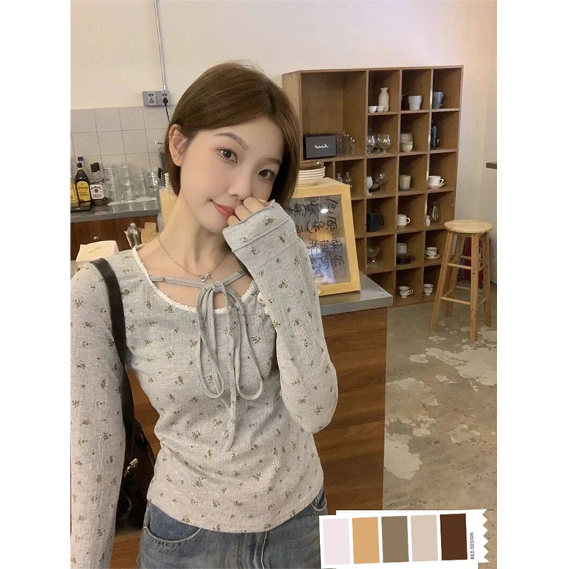 花边拼接长袖t恤女秋冬修身显瘦