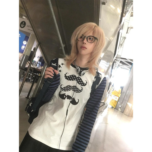 撞色条纹小胡子星星长袖t恤女秋