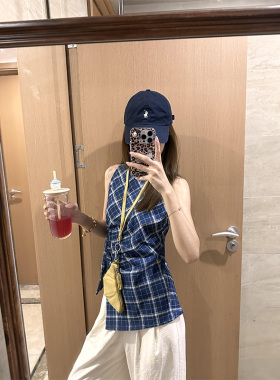 法式别致复古蓝色格子背心女夏季不规则掐腰修身显瘦开叉无袖上衣