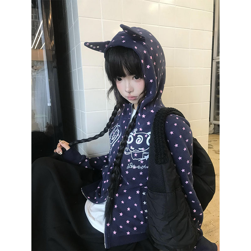 美式连帽小恶魔修身双拉链卫衣女