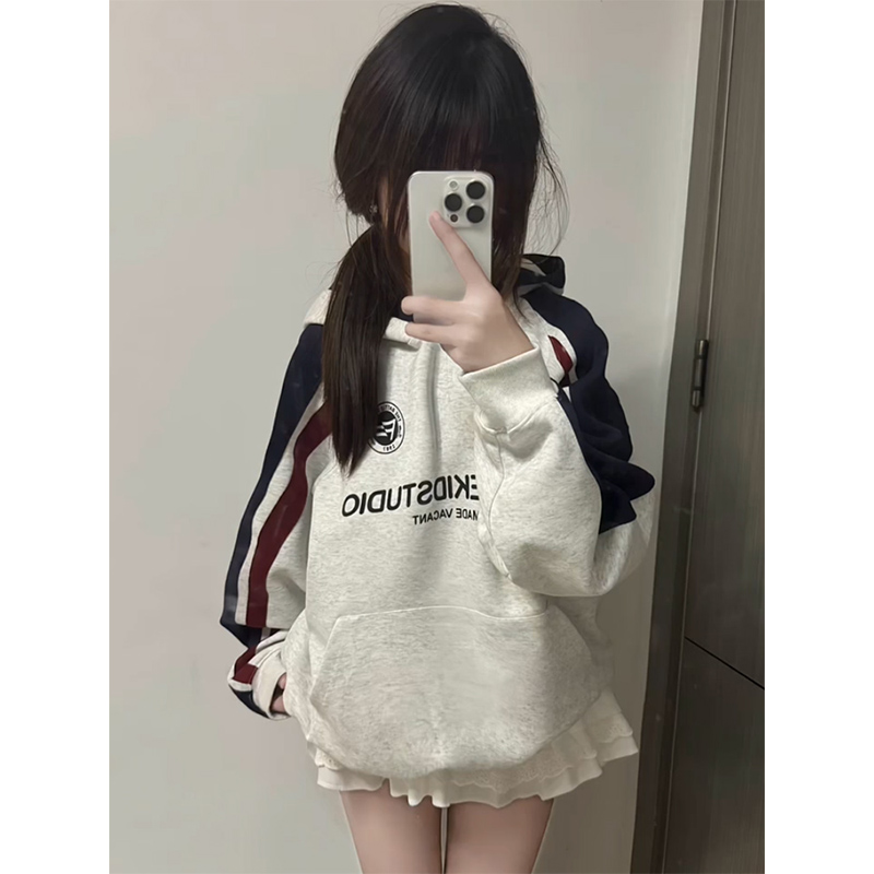 国潮牌拼色插肩小个子连帽卫衣女