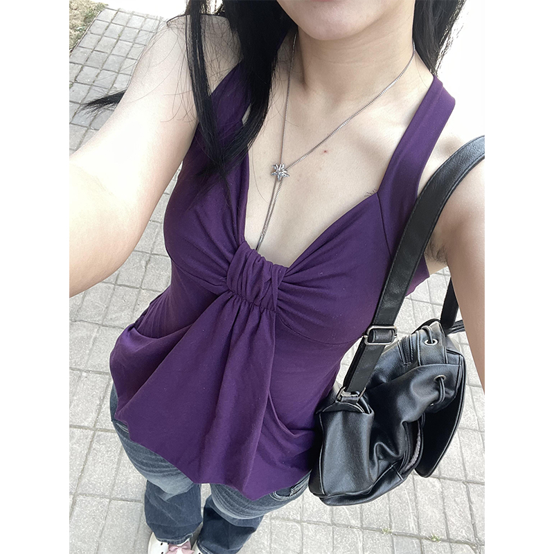 美式纯欲性感V领扭结吊带背心女