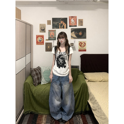 美式辣妹斜肩大领口短袖t恤女夏