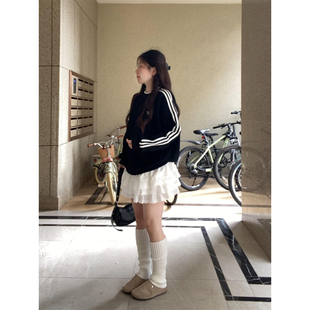 韩系蕾丝花边黑色圆领卫衣女秋冬季 加绒保暖小个子无帽假两件上衣