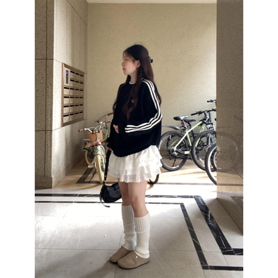 韩系蕾丝花边黑色圆领卫衣女秋冬