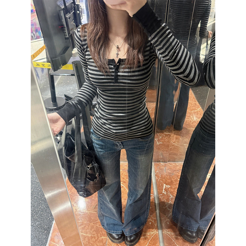 黑灰色条纹U领正肩长袖t恤女秋冬