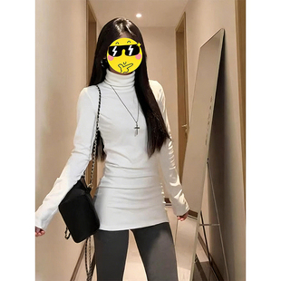 白色高领加绒内搭中长款打底衫女冬季修身遮屁股保暖包臀收腰上衣