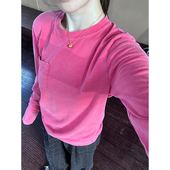 2025新款 玫红色纯棉圆领长袖 t恤女秋季 复古宽松套头内搭打底上衣