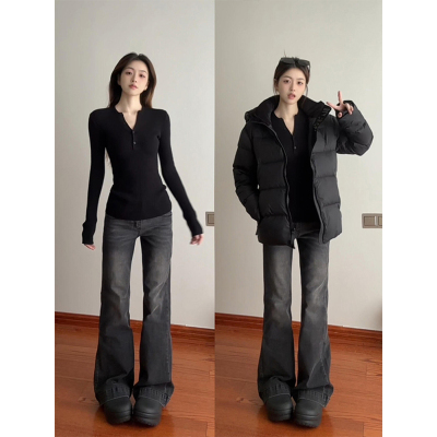 半开领纽扣长袖内搭打底衫t恤女