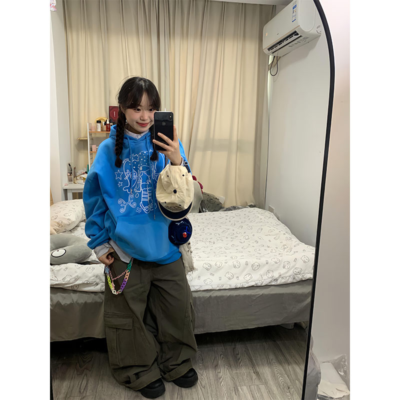 美式手绘涂鸦女孩印花连帽卫衣女秋冬加绒加厚设计感宽松百搭外套