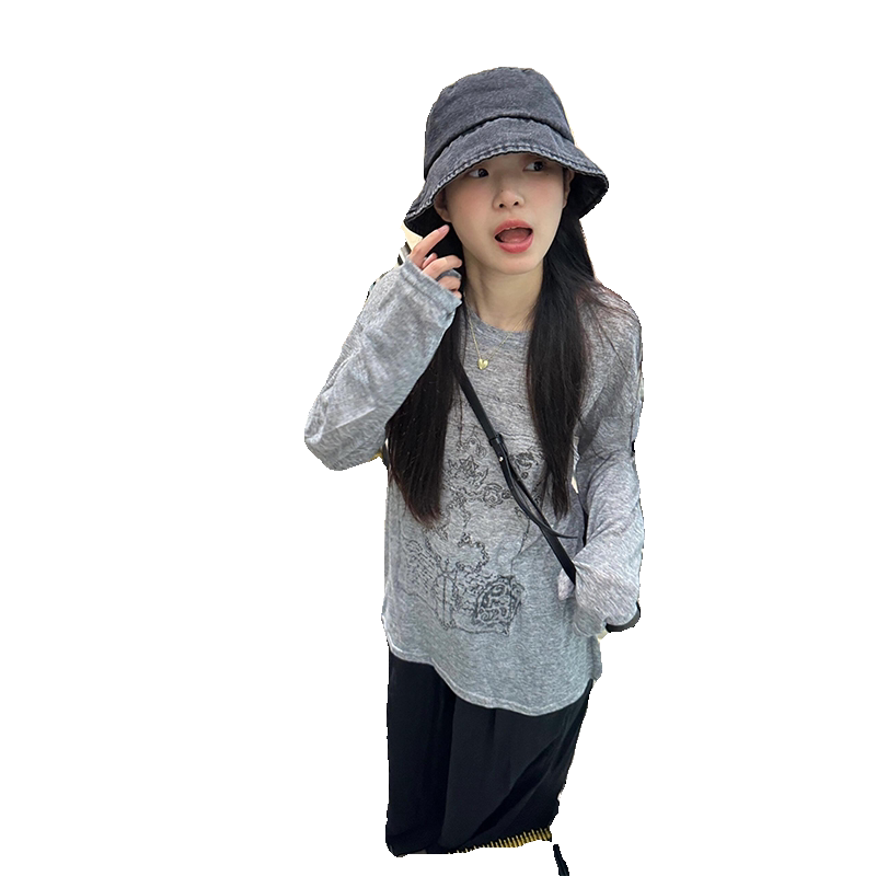美式复古灰色长袖防晒T恤女夏季小个子宽松外搭薄款空调罩衫上衣