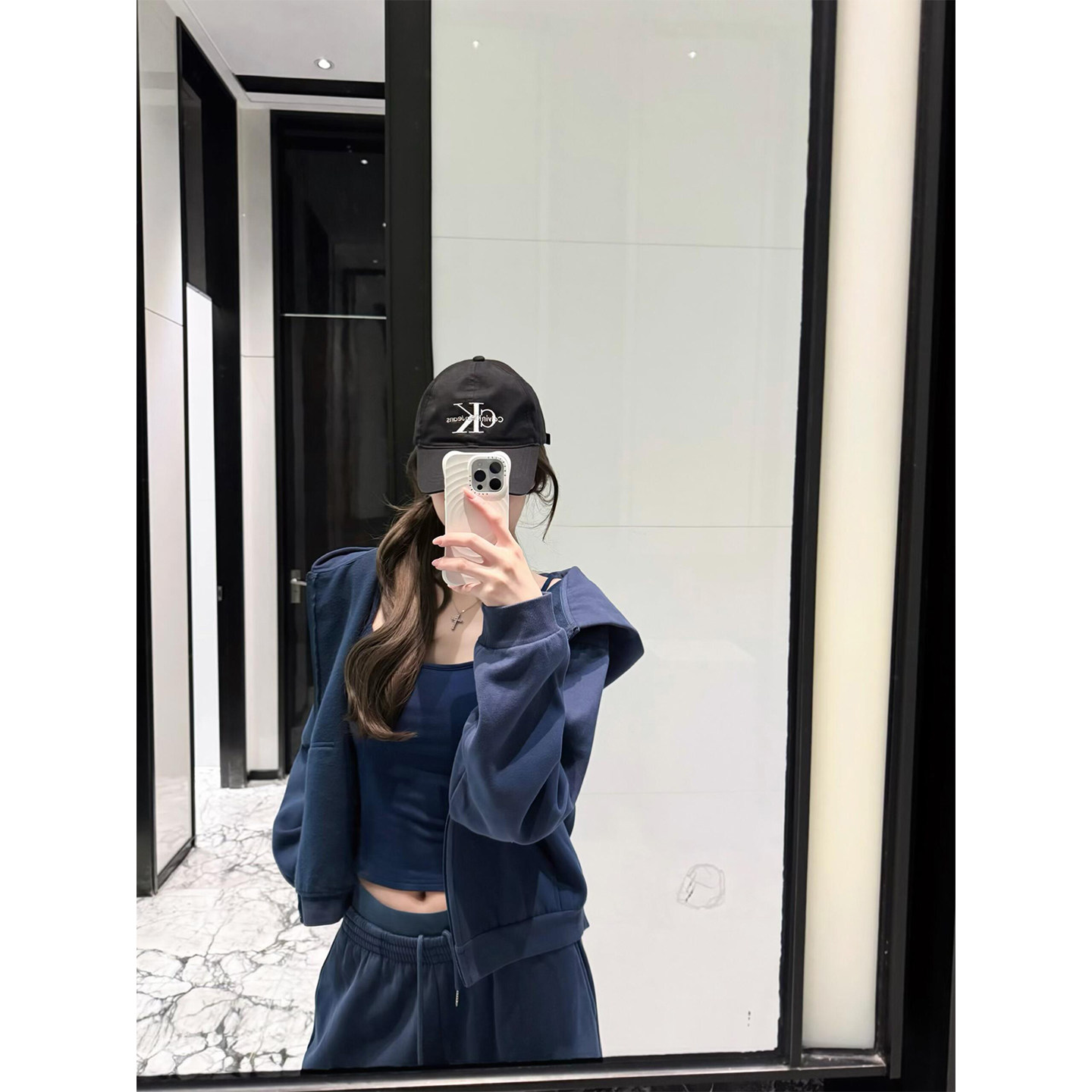 美式藏蓝色休闲套装女连帽开衫卫衣外套秋季宽松运动阔腿裤两件套