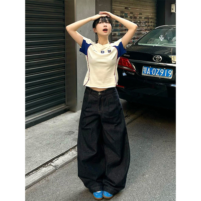 美式复古正肩撞色拼接短袖t恤女