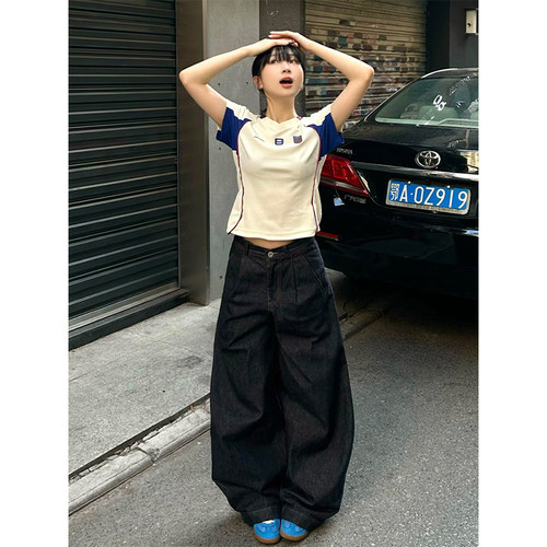 美式复古正肩撞色拼接短袖t恤女