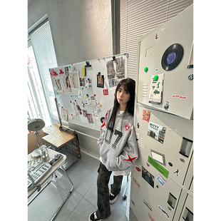 美式高街数字印花连帽卫衣女秋冬加绒加厚设计感情侣宽松潮牌外套