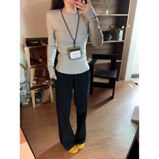 内搭打底衫 辣妹修身 上衣 t恤女秋冬2025新款 灰色圆领正肩纯棉长袖