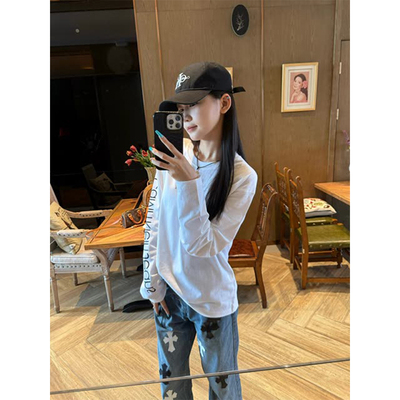 袖边字母印花白色长袖t恤女秋季