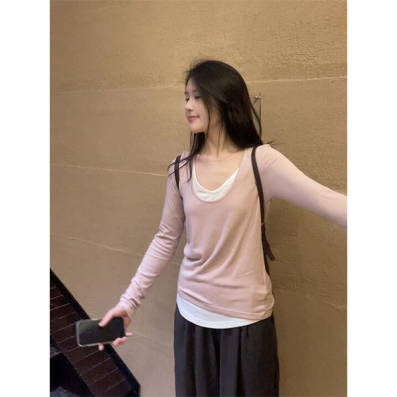 拼色假两件内搭长袖t恤女春秋季