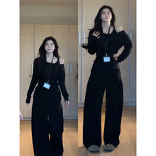 假两件黑色一字领长袖T恤女早秋修身显瘦百搭设计感斜肩露肩上衣