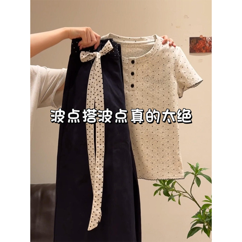韩系复古波点印花圆领短袖t恤女图片