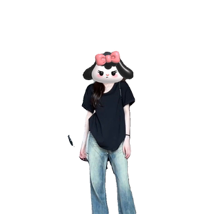 黑色v领正肩宽松短袖t恤女夏季2025新款纯棉内搭显瘦半袖休闲上衣