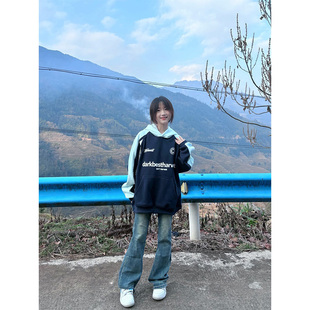 国潮牌oversize撞色连帽卫衣女秋冬季 加绒加厚小众设计感情侣外套