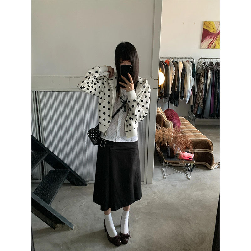 韩系白色波点小个子短款卫衣女秋冬2025新款连帽宽松开衫拉链外套