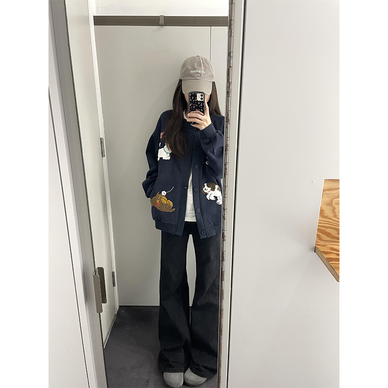 美式复古卡通小狗毛巾绣开衫卫衣