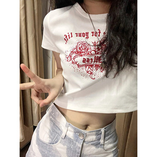 上衣 正肩t恤女纯棉白色短袖 2023年夏季 新款 小众别致显瘦纯欲短款