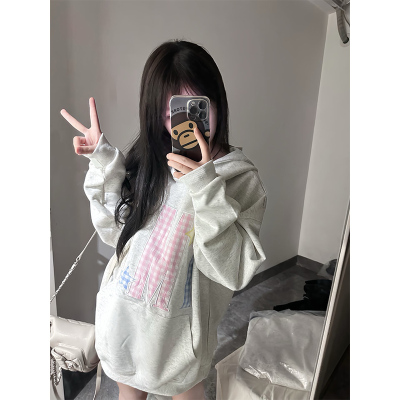 国潮字母刺绣星星碎花连帽卫衣女