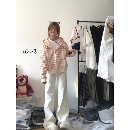 美式复古粉色条纹开衫连帽卫衣女秋季宽松休闲慵懒风小众短款外套
