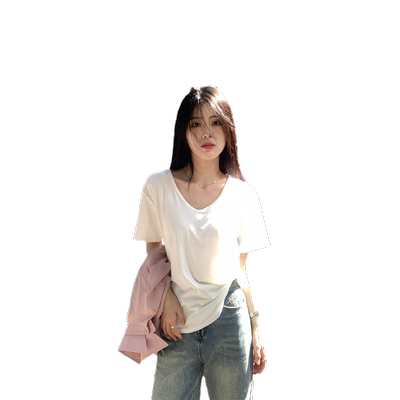 V领白色正肩短袖t恤女夏季2025