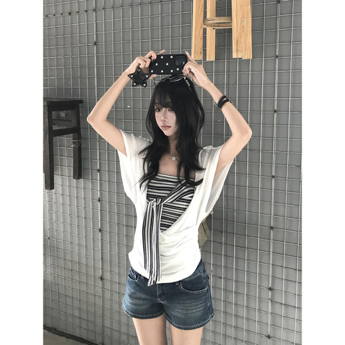 韩系慵懒感蝙蝠袖上衣女条纹系带