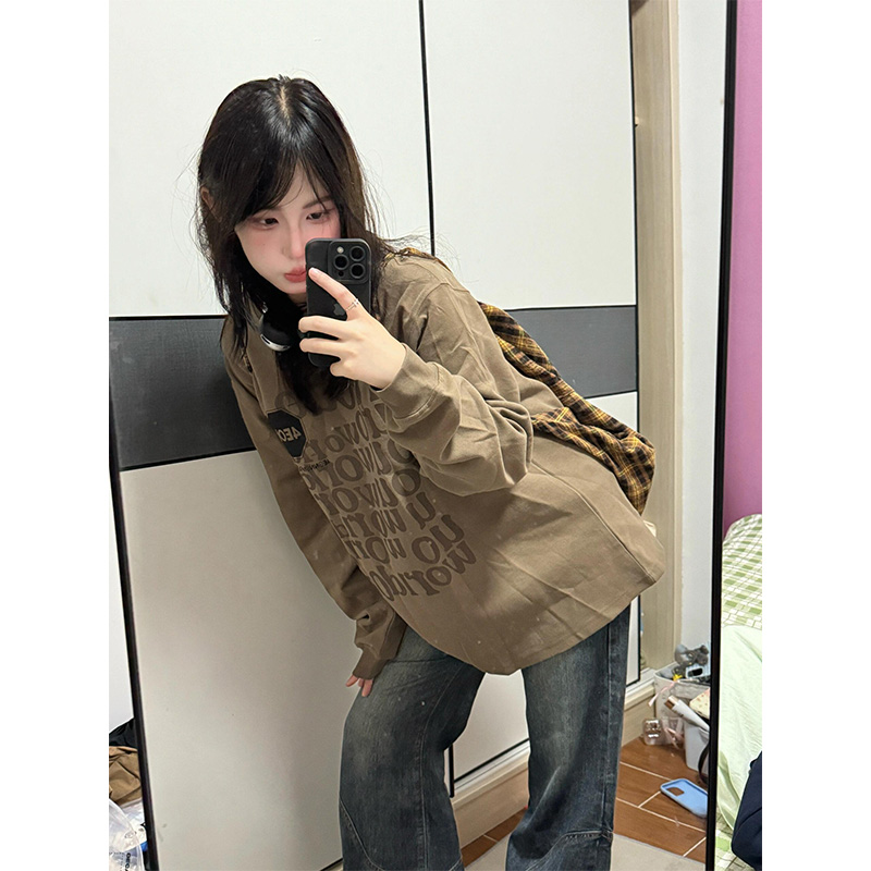 美式复古咖色字母印花长袖t恤女