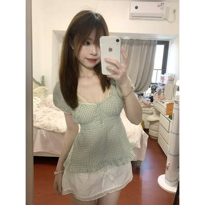 bm风荷叶边方领格子短袖衬衫女夏