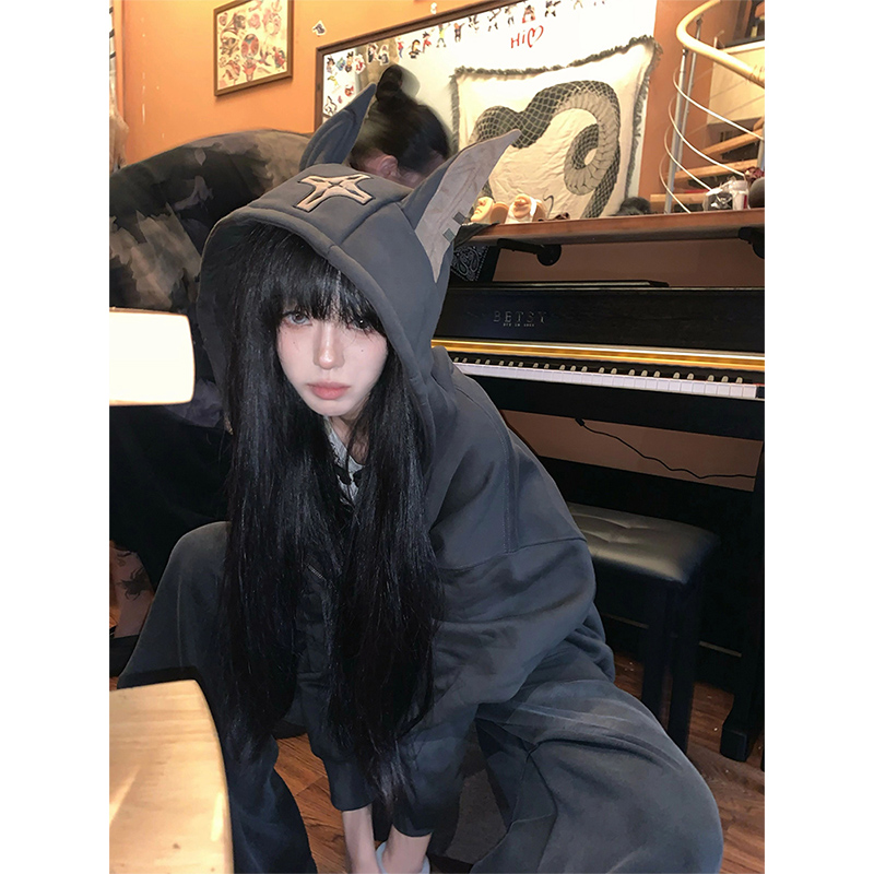 美式复古杜宾犬连帽卫衣女秋冬季