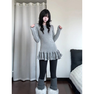 韩系甜美波点裙摆中长款打底衫女秋冬内搭长袖配鲨鱼裤打底衫上衣