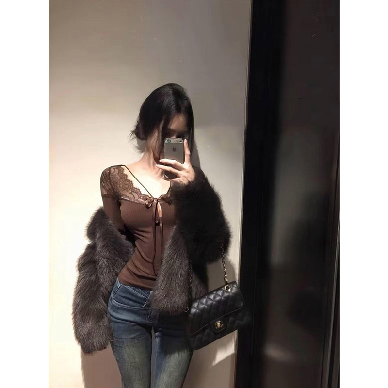 美式辣妹性感蕾丝拼接内搭打底衫女秋冬修身收腰长袖t恤气质上衣