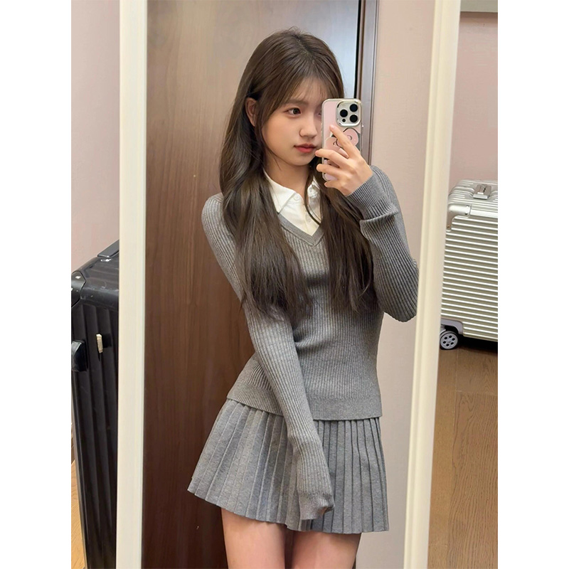 假两件polo领针织衫女秋冬季打底