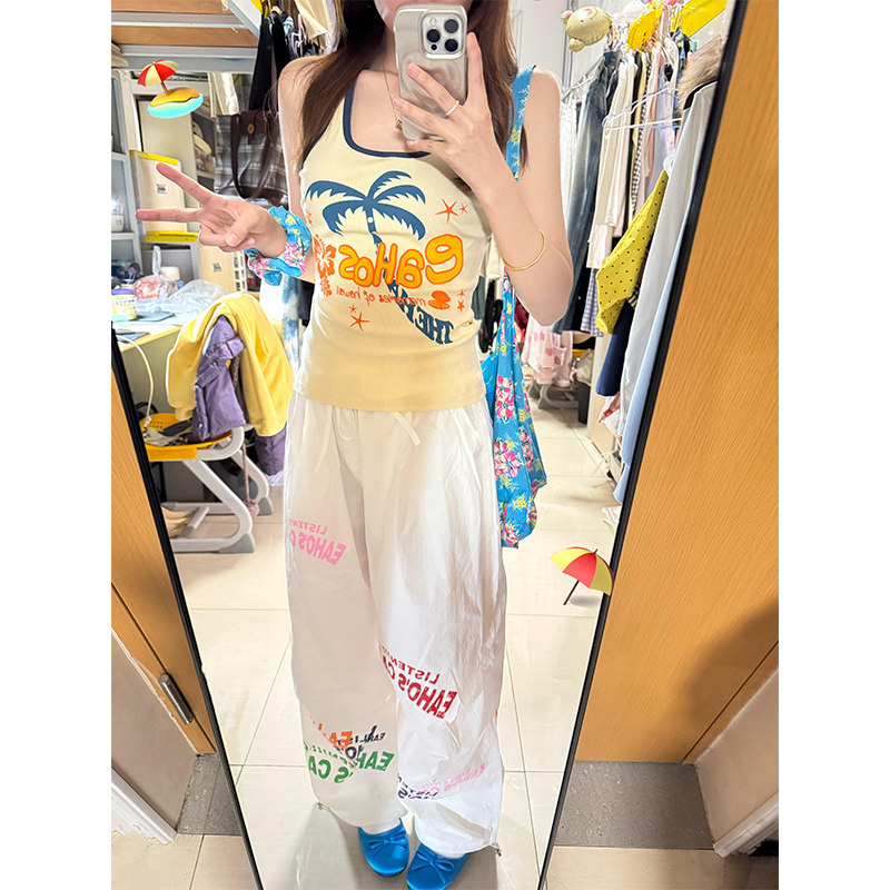 美式复古度假风椰树字母印花吊带背心女夏季外穿修身辣妹无袖上衣,女装/女士精品,背心吊带,淘宝优惠券,粉丝福利购,淘宝优惠卷