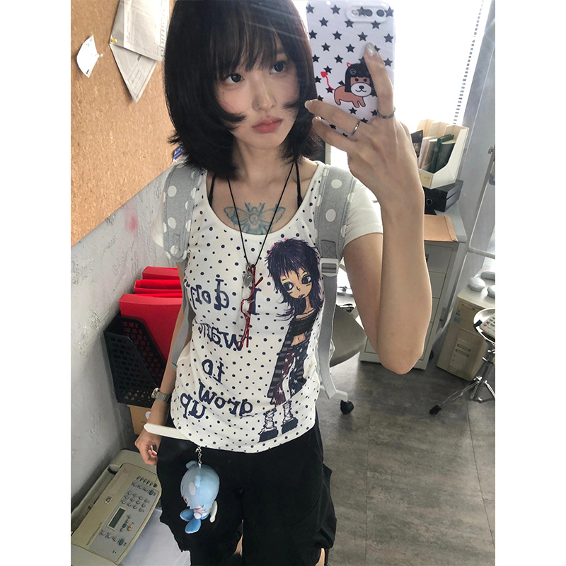 美式复古波点漫画修身短袖t恤女