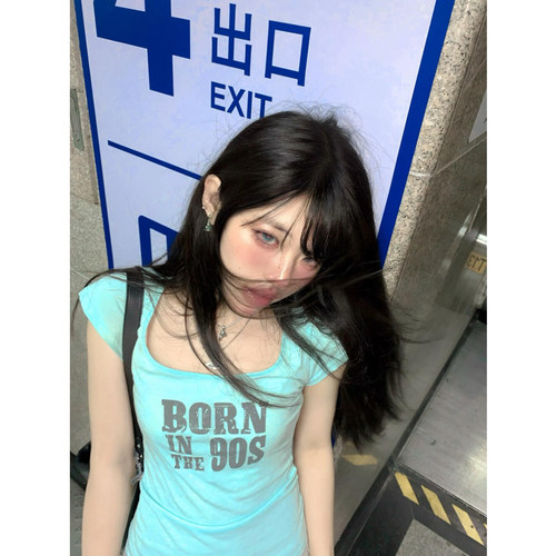 美式复古辣妹正肩u领短袖t恤女夏