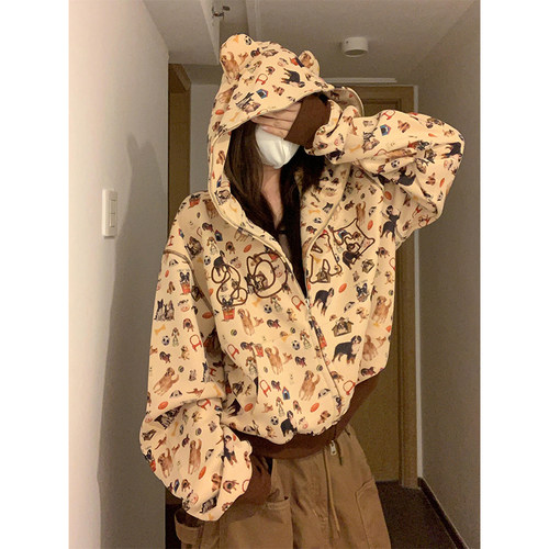 美式复古小狗满印耳朵连帽卫衣女