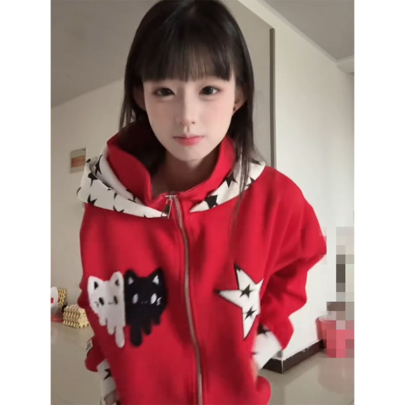 国潮牌星星猫咪刺绣连帽卫衣女秋